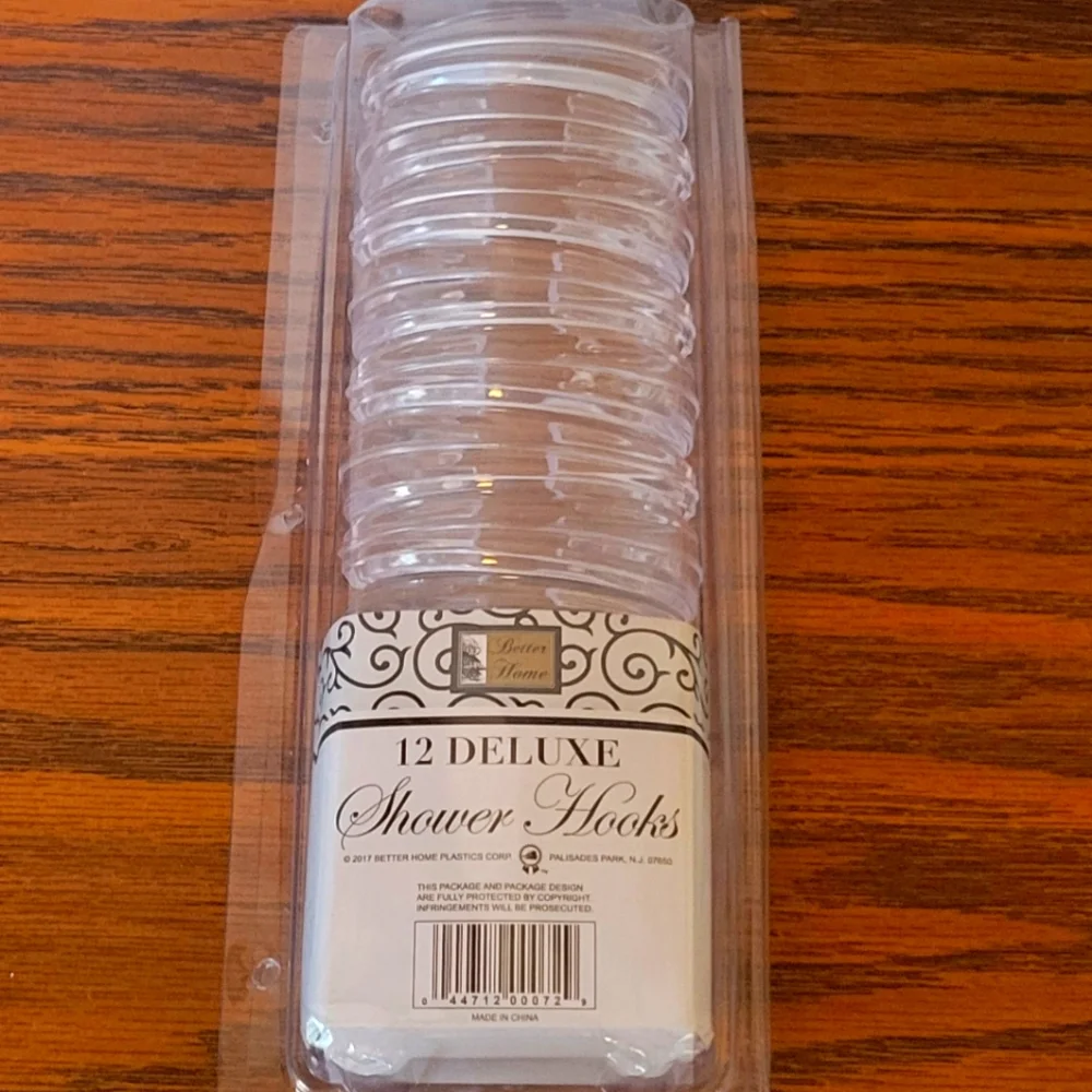Better Home 12 plastic C-shaped shower curtain ring hooks.
